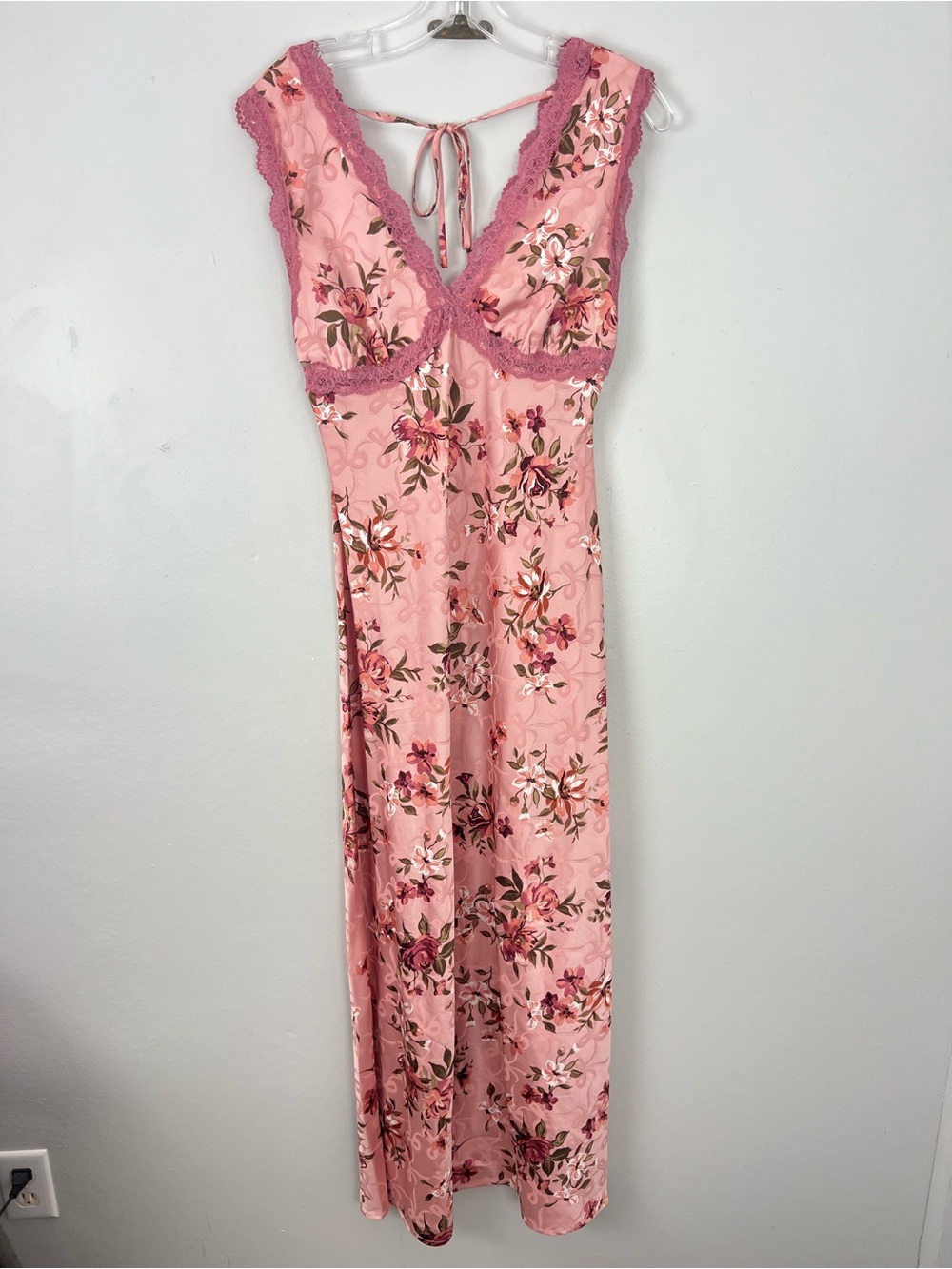 Y2K Satin Pink Floral Lace Trim Slip Dress Bow Print